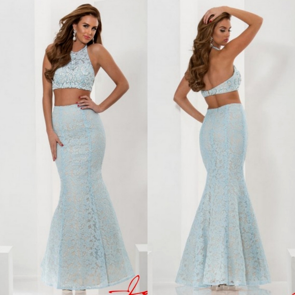 Jasz Couture Baby Blue Lace 2-Piece Halter Gown, Sz 12 - Picture 1 of 9